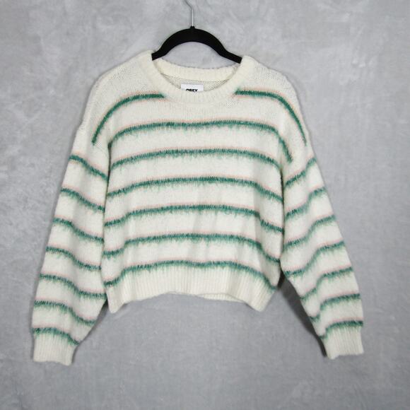 Obey Sweater Womens Small White Green Striped Fuzzy Knit Pullover Crewneck Cozy - Picture 1 of 10